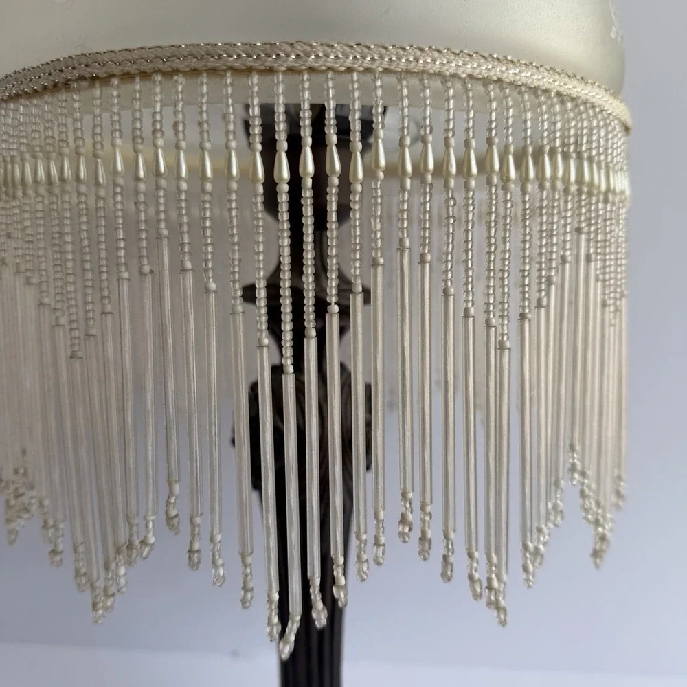 Art Deco Style Lamp Beaded Fringe Frosted Glass Shade VTG Victorian Rose Boudoir